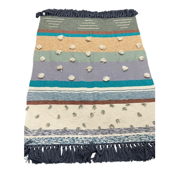 Anthropologie All Roads Woven Baja‎ Boho Blue pompom fringe Throw Blanket 60x50 - Picture 11 of 11